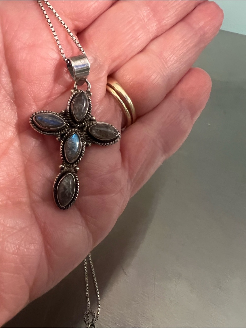 Sterling Silver Cross Pendant Necklace with Labradorite Accents - Blue-Gray